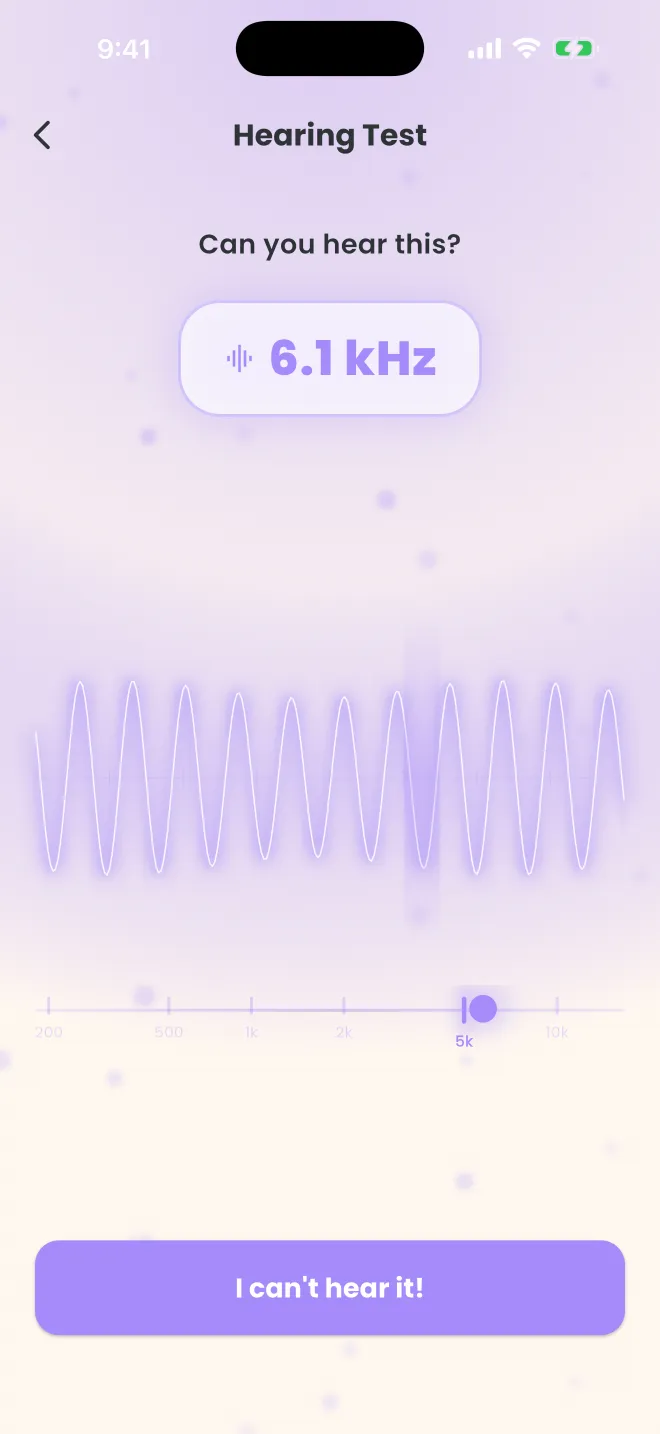 Hearing Test in progress: “Can you hear this?” above a 6.1 kHz readout, a violet sine wave and an “I can't hear it!” button.