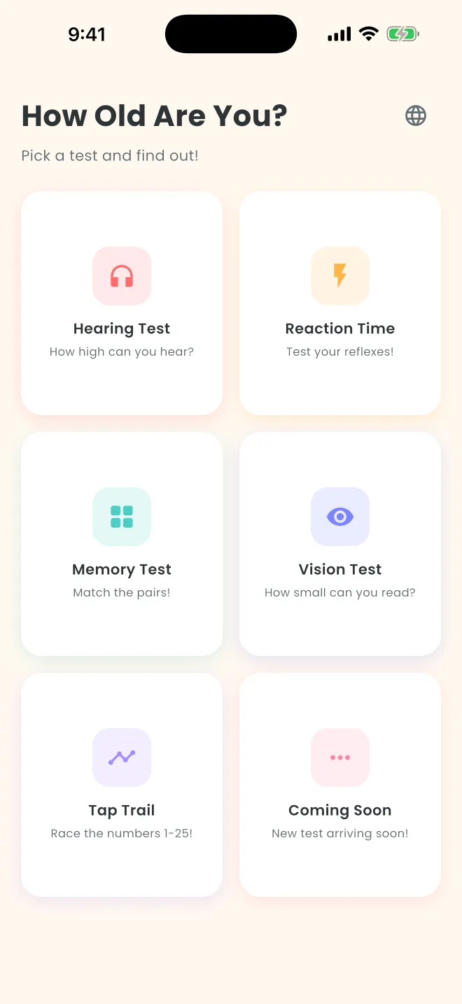 The app's home screen, titled How Old Are You?, with colored tiles for Hearing Test, Reaction Time, Memory Test, Vision Test, Tap Trail and Coming Soon.