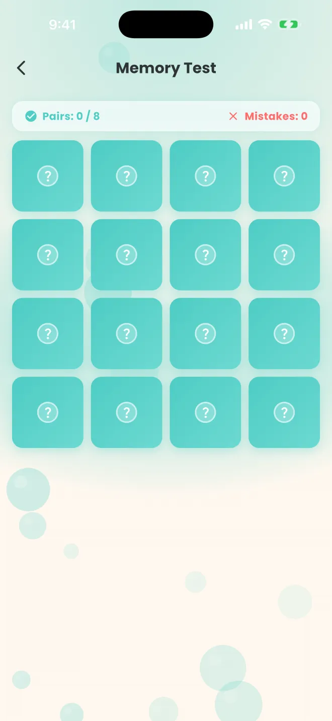 The memory test: a four-by-four grid of face-down teal cards, with pairs found and mistakes counted above.