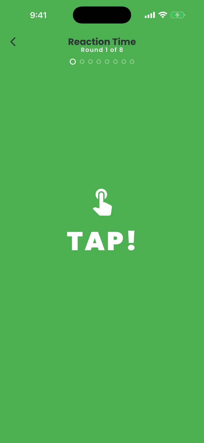 Reaction Time, round 1 of 8: the whole screen has turned green with a big white “TAP!”.