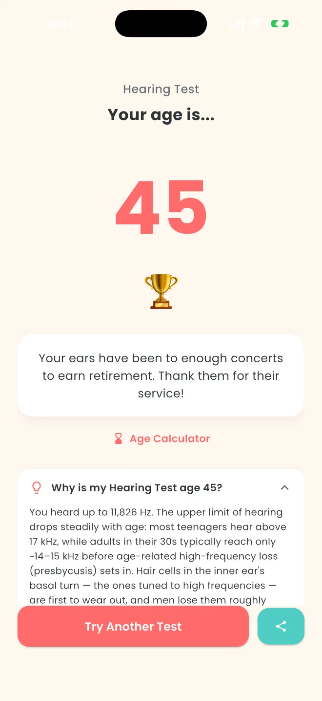 The same result with “Why is my Hearing Test age 45?” opened, explaining that the upper limit of hearing drops with age.