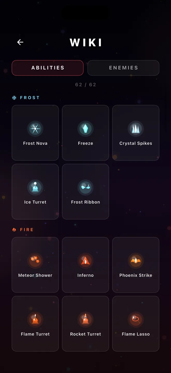 The in-game Wiki's Abilities tab: Frost abilities such as Frost Nova, Freeze, Crystal Spikes, Ice Turret and Frost Ribbon, then Fire abilities such as Meteor Shower, Inferno and Phoenix Strike