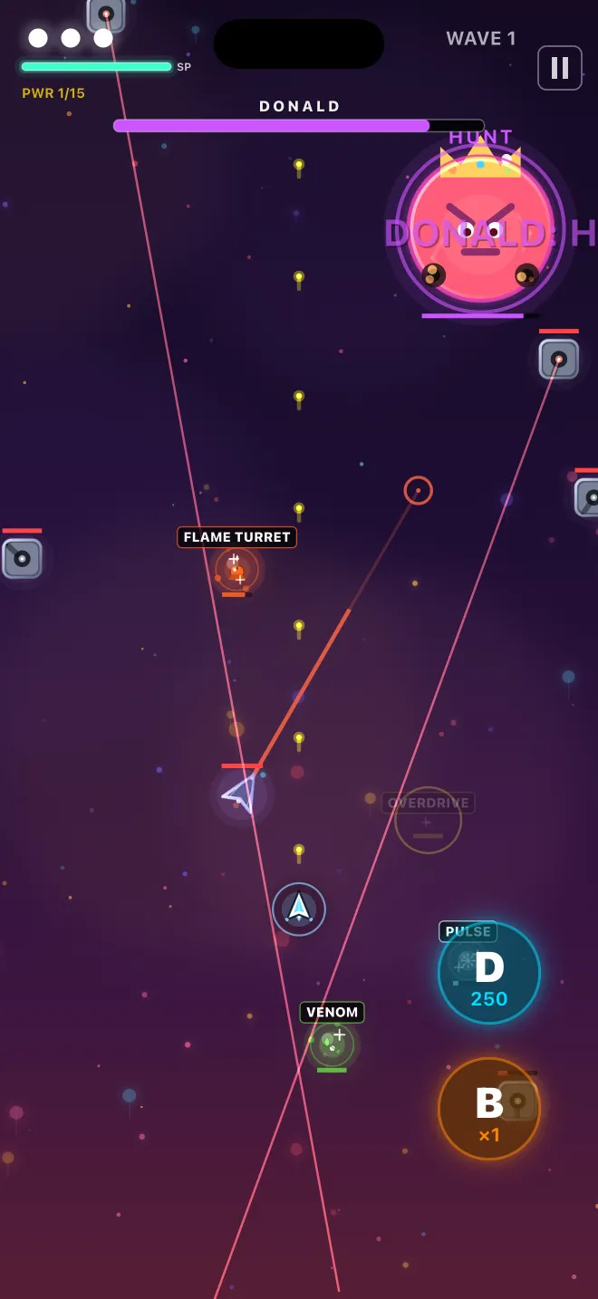 A boss fight in Deadly Balloons: the crowned boss Donald hovers at the top with its health bar while the player's ship dodges red aim lines near the bottom, with a Flame Turret and the Dash and Bomb buttons on screen