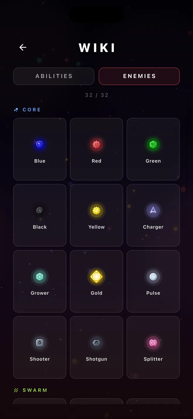 The in-game Wiki's Enemies tab, listing the core balloons: Blue, Red, Green, Black, Yellow, Charger, Grower, Gold, Pulse, Shooter, Shotgun and Splitter