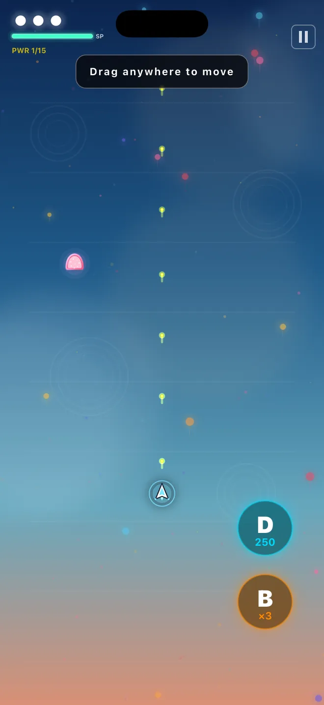 Flight training in Deadly Balloons: under a blue-to-peach sky, the ship fires a column of shots upward while a hint reads Drag anywhere to move, with the Dash and Bomb buttons at the lower right