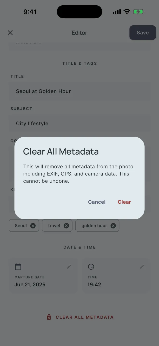 Clear All Metadata dialog warning that EXIF, GPS and camera data will be removed
