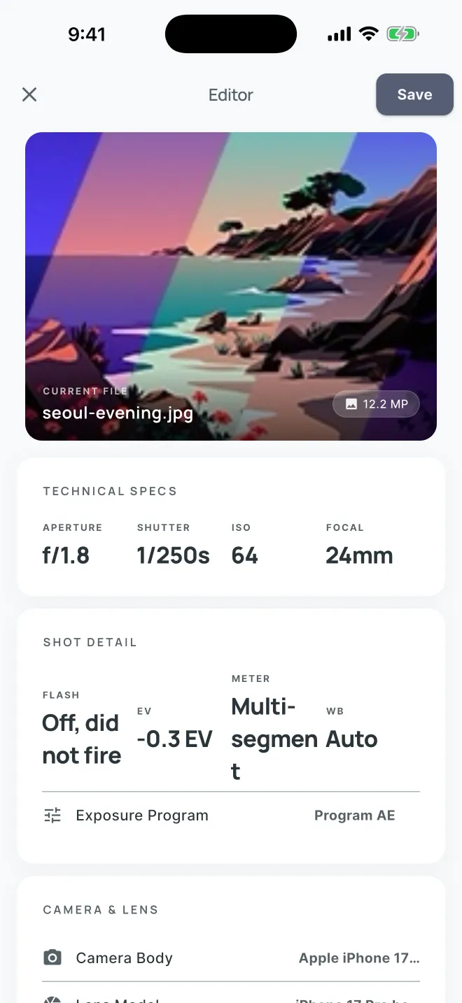 The app's editor showing a photo with its aperture, shutter speed, ISO, focal length and shot details
