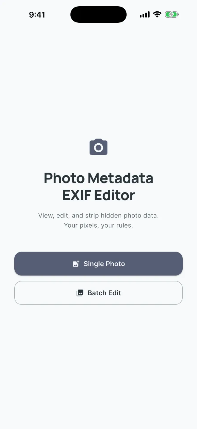 Home screen with two choices: Single Photo and Batch Edit