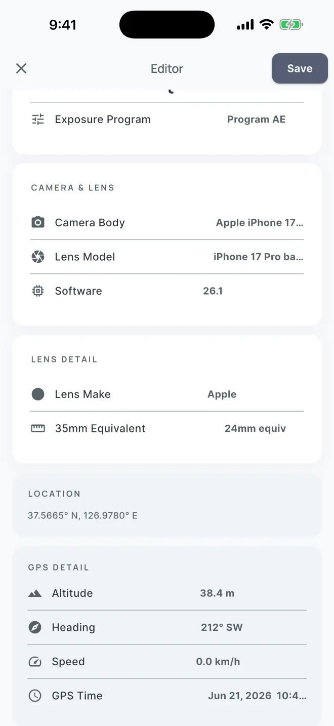 Editor listing camera body, lens model and software, then the location with altitude, heading, speed and GPS time