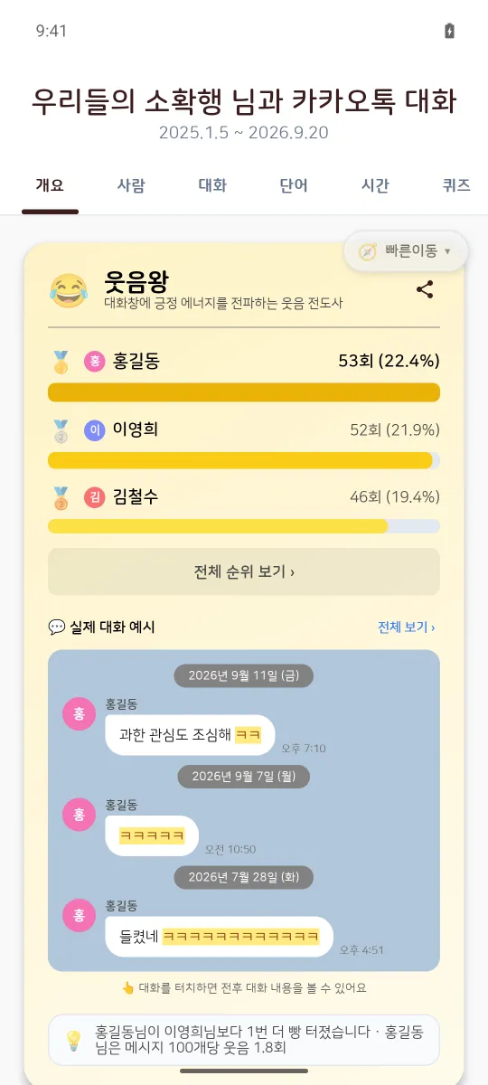 Android 앱의 웃음왕 카드. 웃음 메시지 수 순위 아래에 웃음이 담긴 실제 대화 예시가 말풍선으로 나온다.