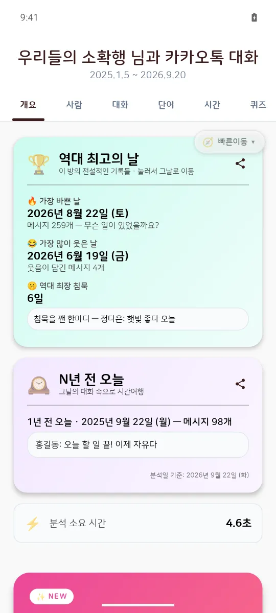 Android 앱의 역대 최고의 날 카드. 가장 바쁜 날, 가장 많이 웃은 날, 역대 최장 침묵이 적혀 있고 아래에 N년 전 오늘 카드가 있다.