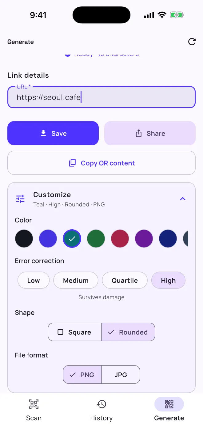 The app’s Customize panel: eight color swatches with Teal selected, error correction set to High (Survives damage), Rounded shape and PNG format.