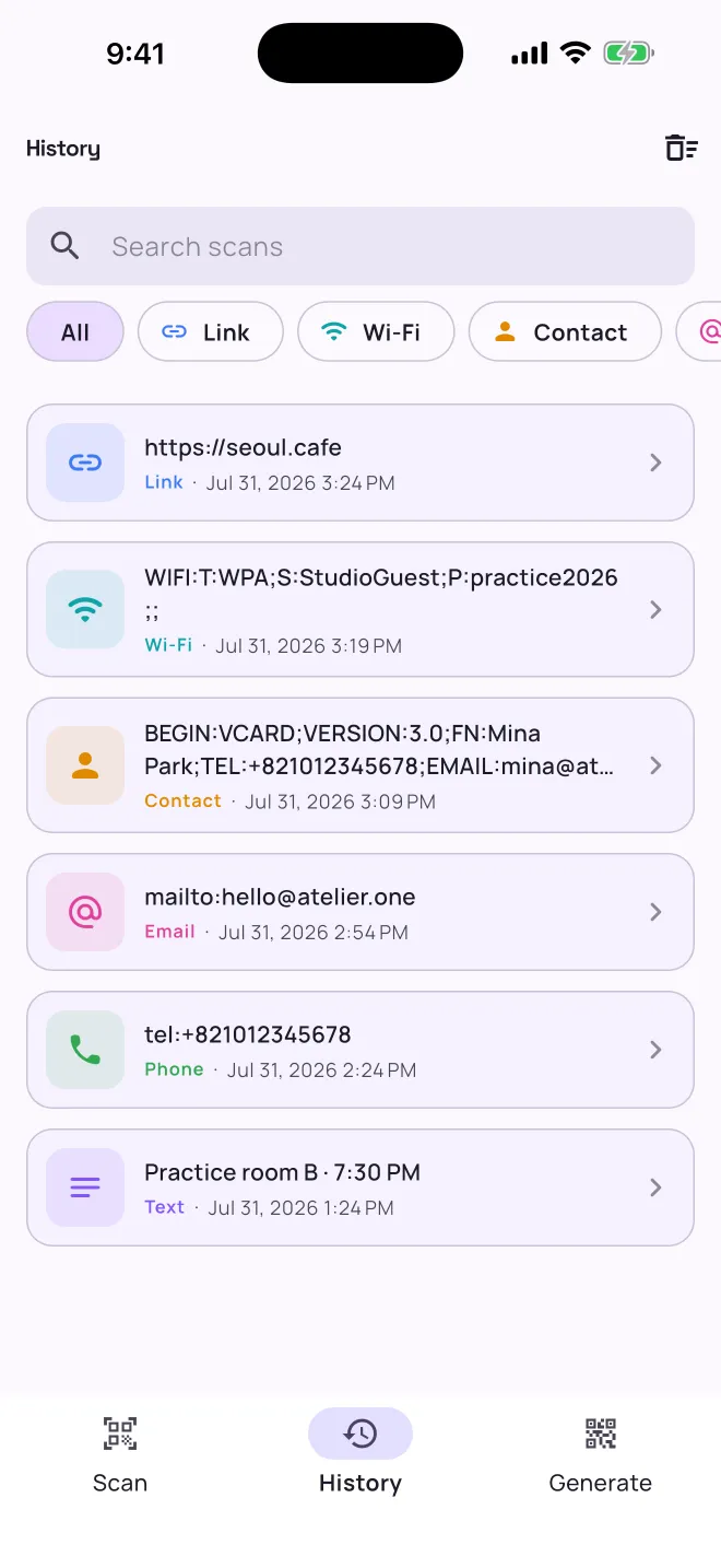 The History tab: six saved scans, a link, a Wi-Fi network, a contact, an email address, a phone number and a note, each with its type and time, under a search field and type filters.