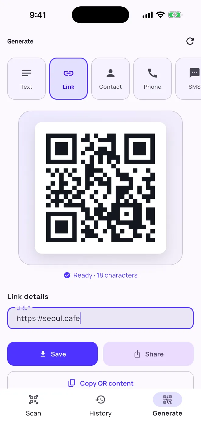 The Generate tab in QR Scanner: the Link template is selected, a QR code for https://seoul.cafe is ready with 18 characters, and Save, Share and Copy QR content buttons sit below it.