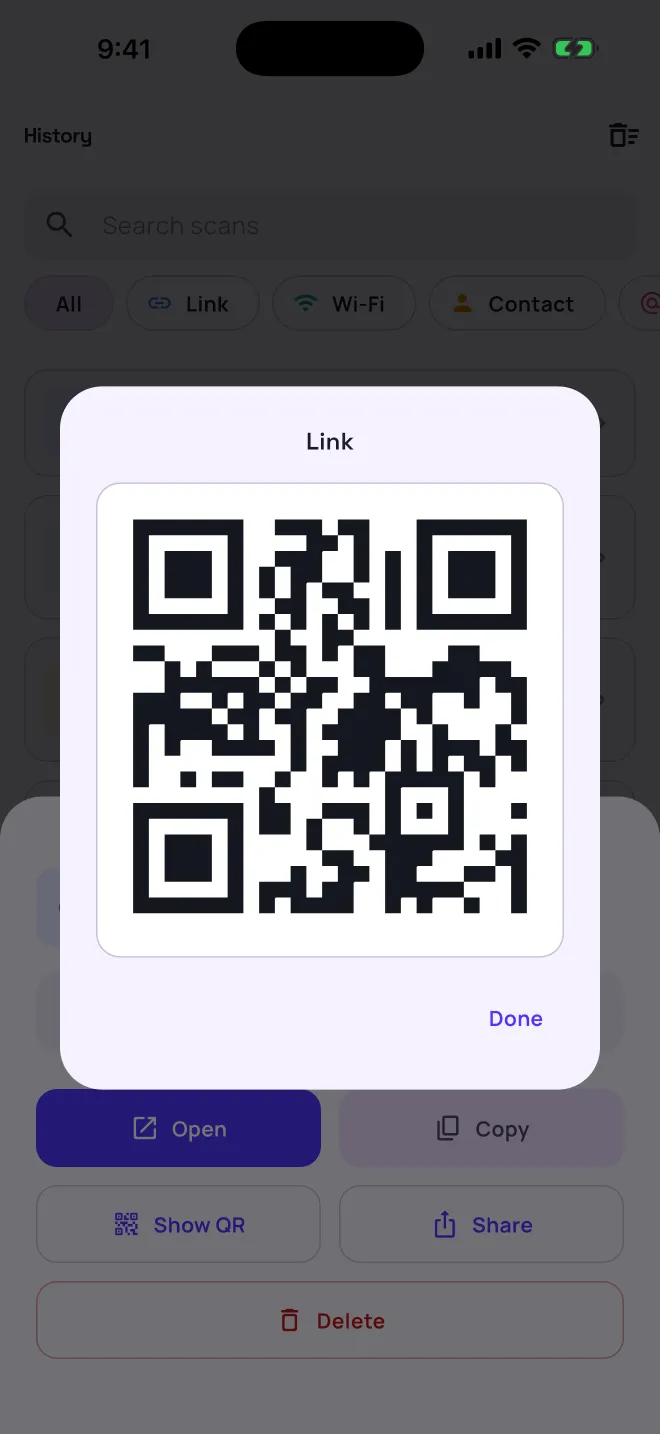 Show QR: the same link redrawn as a fresh QR code in a dialog, with a Done button.