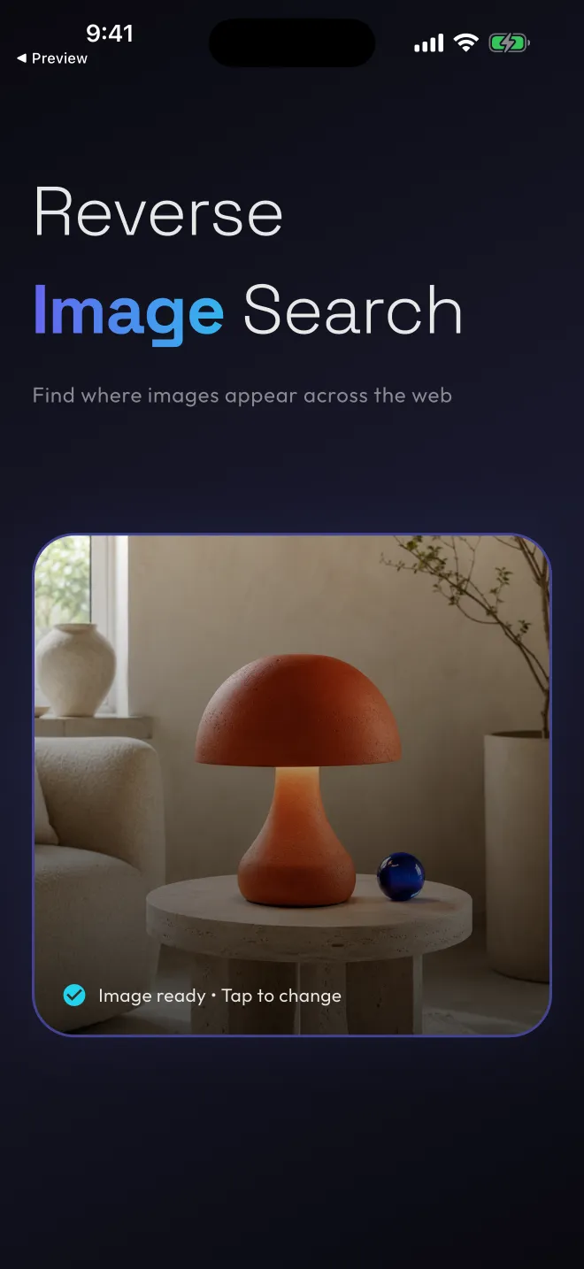 Reverse Image Search home screen with a photo of a table lamp chosen and marked Image ready, tap to change