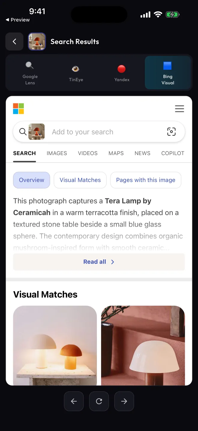 Search results screen on the Bing Visual tab: Bing names the lamp and lists visual matches