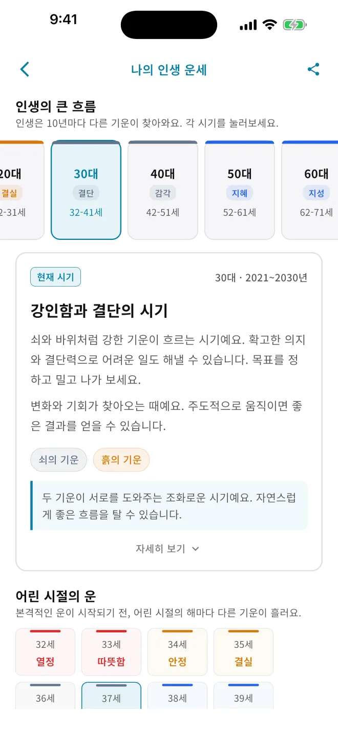 나의 인생 운세 화면. 20대부터 60대까지 10년 단위 대운이 가로로 놓여 있고, 현재 시기인 30대 결단의 시기 설명과 나이별 흐름이 이어진다.