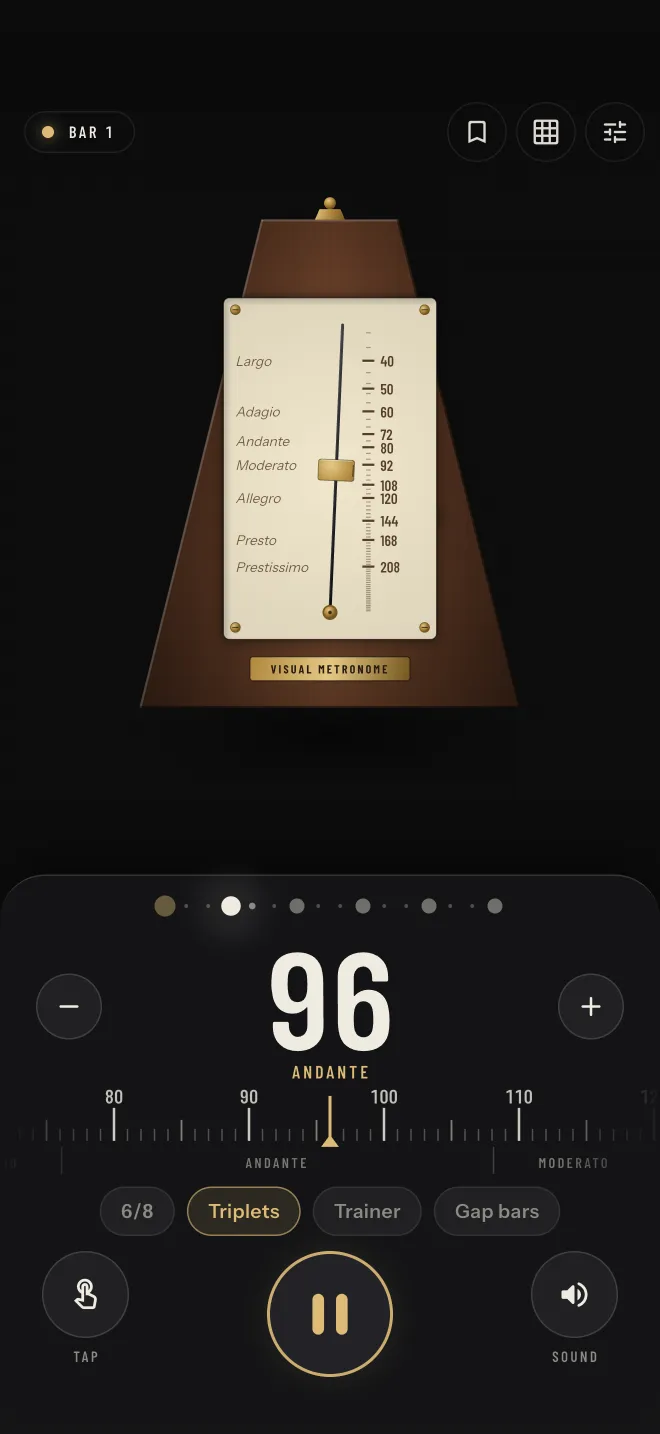 The Classic visualizer, a wooden wind-up metronome, at 96 BPM marked Andante, with the tempo ruler, 6/8 and Triplets below