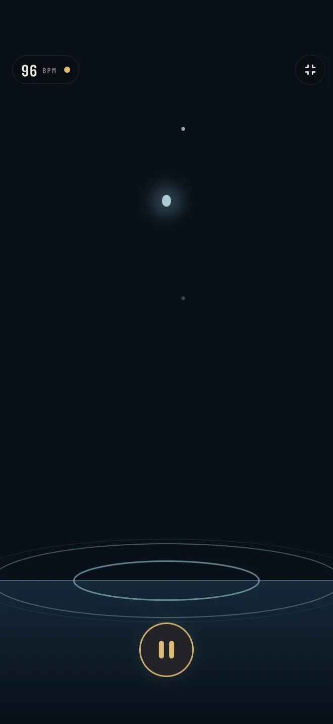 The Ripples visualizer fullscreen at 96 BPM: a drop falling toward rings on dark water