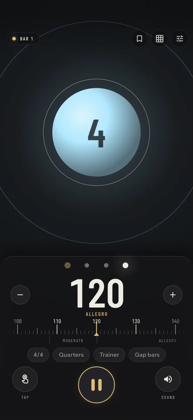 Visual Metronome playing at 120 BPM, Allegro: a glowing Pulse Orb above the control deck with the tempo ruler, 4/4, Quarters, Trainer and Gap bars buttons, Tap and Sound