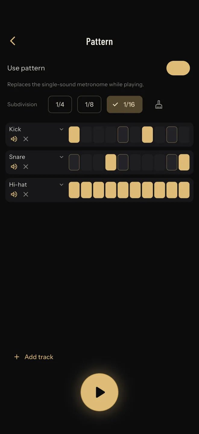 The Pattern editor with kick, snare and hi-hat tracks on a sixteenth-note step grid