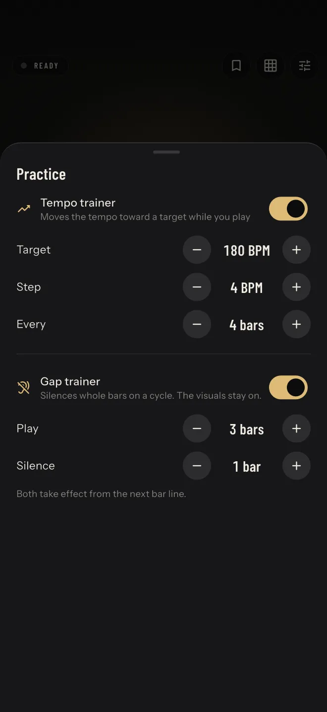 The Practice sheet: a tempo trainer heading to 180 BPM in 4 BPM steps every 4 bars, and a gap trainer playing 3 bars then silencing 1