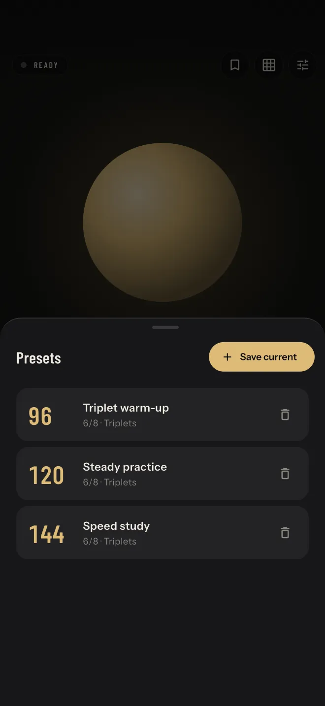 The Presets sheet listing Triplet warm-up at 96, Steady practice at 120 and Speed study at 144, each in 6/8 triplets