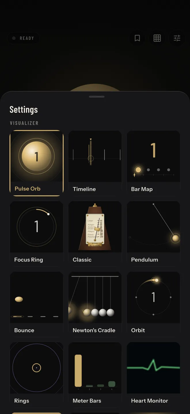The visualizer picker in Settings: tiles for Pulse Orb, Timeline, Bar Map, Focus Ring, Classic, Pendulum, Bounce, Newton's Cradle, Orbit, Rings, Meter Bars and Heart Monitor